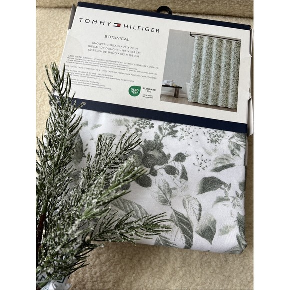 Tommy Hilfiger Botanical Cotton Blend Shower Curtain Green Flowers Leaves White - Picture 6 of 6